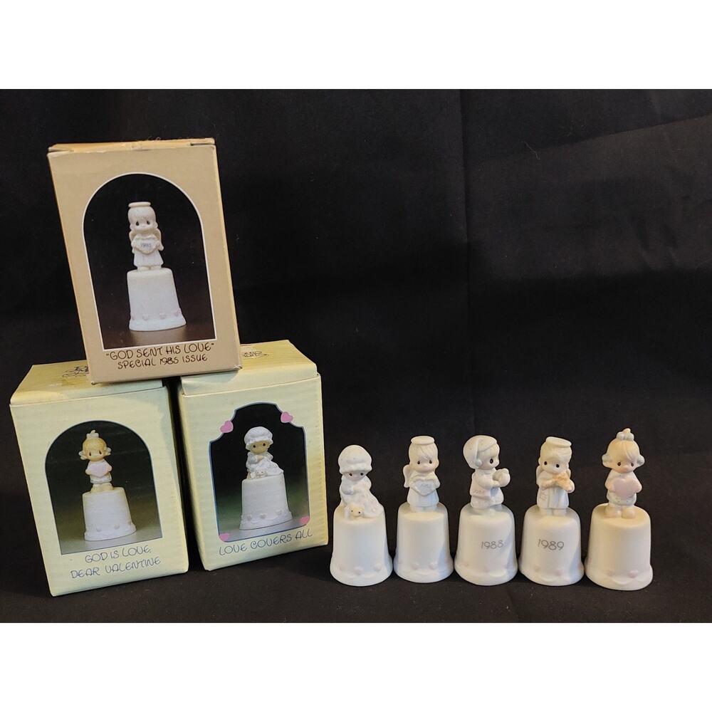 Precious Moments Thimble Figurines (Lot of 5) 1985, 1988, 1989, Plus 2 more